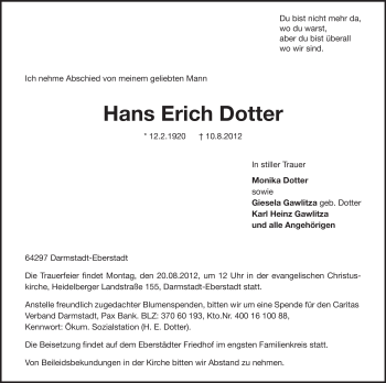 Traueranzeige von Hans Erich Dotter von Echo-Zeitungen (Gesamtausgabe)