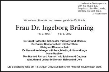 Traueranzeige von Ingeborg Brüning von Darmstädter Echo, Odenwälder Echo, Rüsselsheimer Echo, Groß-Gerauer-Echo, Ried Echo