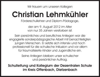 Traueranzeige von Christian Lehmkühler von Echo-Zeitungen (Gesamtausgabe)