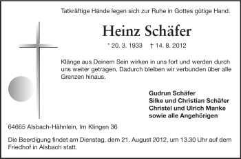 Traueranzeige von Heinz Schäfer von Echo-Zeitungen (Gesamtausgabe)