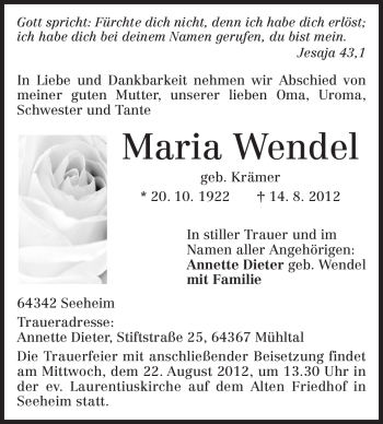Traueranzeige von Marie Wendel von Echo-Zeitungen (Gesamtausgabe)