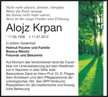 Traueranzeige von Alojz Krpan von Rüsselsheimer Echo, Groß-Gerauer-Echo, Ried Echo