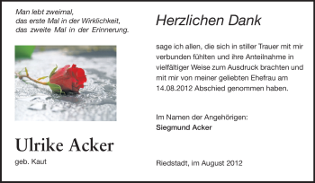 Traueranzeige von Ulrike Acker von Rüsselsheimer Echo, Groß-Gerauer-Echo, Ried Echo