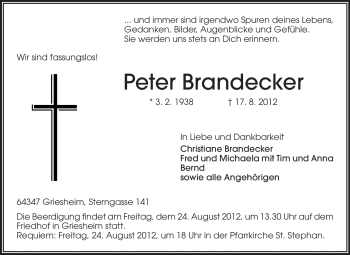 Traueranzeige von Peter Brandecker von Echo-Zeitungen (Gesamtausgabe)