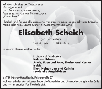Traueranzeige von Elisabeth Scheich von Odenwälder Echo