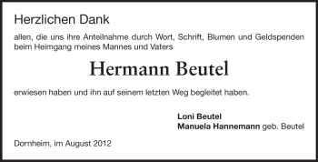 Traueranzeige von Hermann Beutel von Rüsselsheimer Echo, Groß-Gerauer-Echo, Ried Echo