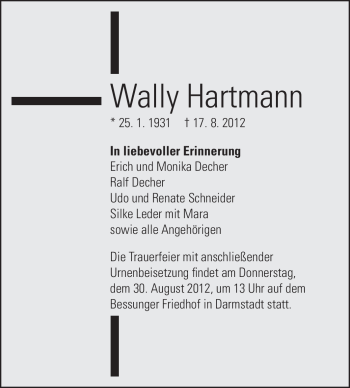 Traueranzeige von Wally Hartmann von Echo-Zeitungen (Gesamtausgabe)