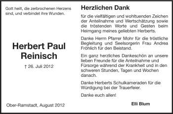 Traueranzeige von Herbert Paul Reinisch von Echo-Zeitungen (Gesamtausgabe)