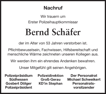 Traueranzeige von Bernd Schäfer von Rüsselsheimer Echo, Groß-Gerauer-Echo, Ried Echo