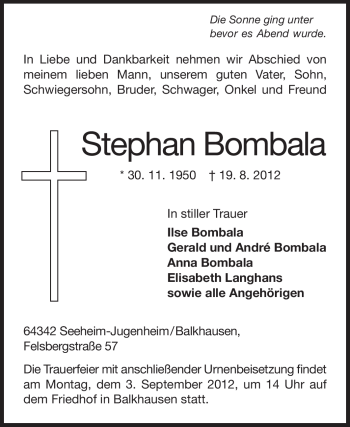 Traueranzeige von Stephan Bombala von Darmstädter Echo, Odenwälder Echo, Rüsselsheimer Echo, Groß-Gerauer-Echo, Ried Echo