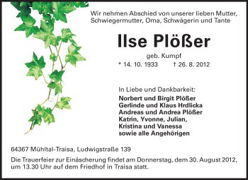 Traueranzeige von Ilse Plößer von Echo-Zeitungen (Gesamtausgabe)