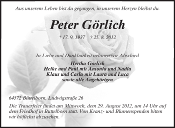 Traueranzeige von Peter Görlich von Echo-Zeitungen (Gesamtausgabe)