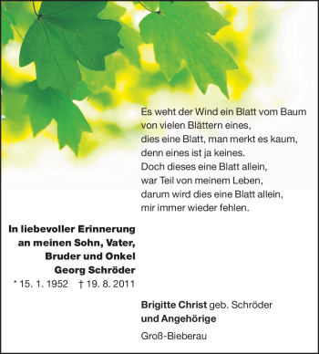 Traueranzeige von Georg Schröder von Echo-Zeitungen (Gesamtausgabe)