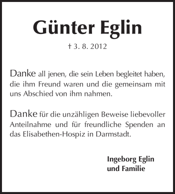 Traueranzeige von Günter Eglin von Echo-Zeitungen (Gesamtausgabe)