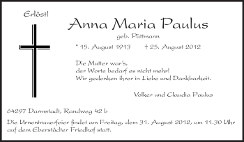 Traueranzeige von Anna Maria Paulus von Echo-Zeitungen (Gesamtausgabe)