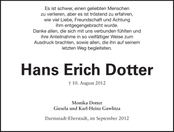 Traueranzeige von Hans Erich Dotter von Echo-Zeitungen (Gesamtausgabe)