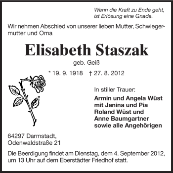 Traueranzeige von Elisabeth Staszak von Echo-Zeitungen (Gesamtausgabe)