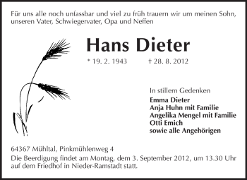 Traueranzeige von Hans Dieter von Echo-Zeitungen (Gesamtausgabe)