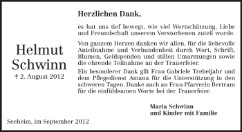 Traueranzeige von Helmut Schwinn von Echo-Zeitungen (Gesamtausgabe)