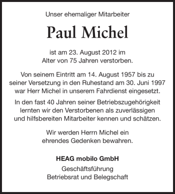 Traueranzeige von Paul Michel von Echo-Zeitungen (Gesamtausgabe)