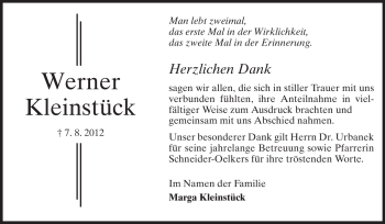 Traueranzeige von Werner Kleinstück von Rüsselsheimer Echo, Groß-Gerauer-Echo, Ried Echo