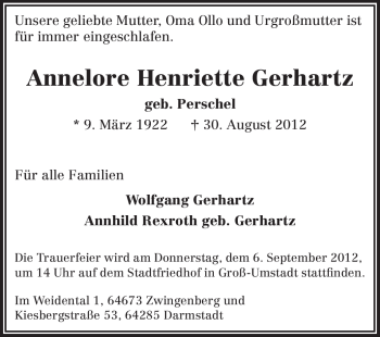 Traueranzeige von Annelore Henriette Gerhartz von Echo-Zeitungen (Gesamtausgabe)