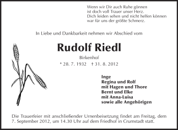 Traueranzeige von Rudolf Riedl von Rüsselsheimer Echo, Groß-Gerauer-Echo, Ried Echo