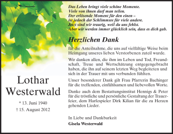Traueranzeige von Lothar Westerwald von Echo-Zeitungen (Gesamtausgabe)