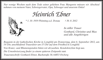 Traueranzeige von Heinrich Ebner von Echo-Zeitungen (Gesamtausgabe)
