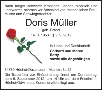 Traueranzeige von Doris Müller von Odenwälder Echo