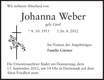 Traueranzeige von Johanna Weber von Echo-Zeitungen (Gesamtausgabe)