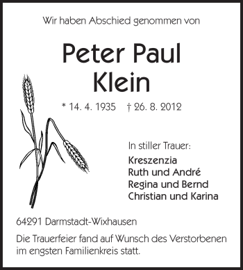 Traueranzeige von Peter Paul Klein von Echo-Zeitungen (Gesamtausgabe)