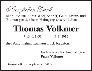 Traueranzeige von Thomas Volkmer von Echo-Zeitungen (Gesamtausgabe)