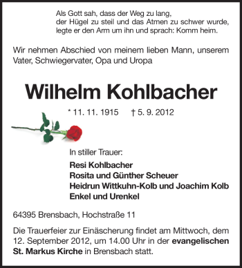 Traueranzeige von Wilhelm Kohlbacher von Odenwälder Echo