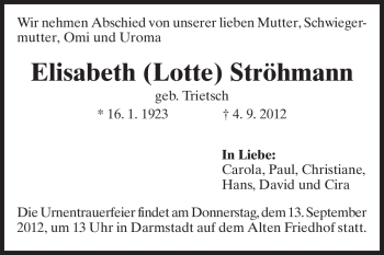 Traueranzeige von Elisabeth Ströhmann von Echo-Zeitungen (Gesamtausgabe)