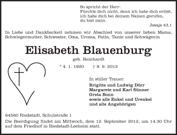 Traueranzeige von Elisabeth Blauenburg von Rüsselsheimer Echo, Groß-Gerauer-Echo, Ried Echo