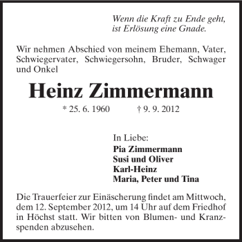 Traueranzeige von Heinz Zimmermann von Odenwälder Echo