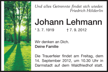 Traueranzeige von Johann Lehmann von Echo-Zeitungen (Gesamtausgabe)