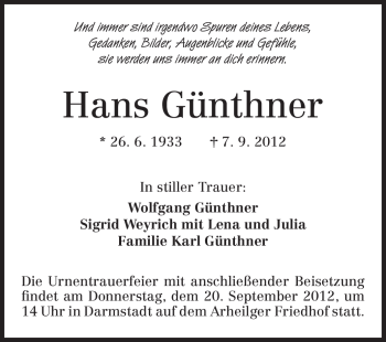 Traueranzeige von Hans Günthner von Echo-Zeitungen (Gesamtausgabe)