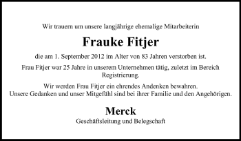 Traueranzeige von Frauke Fitjer von Echo-Zeitungen (Gesamtausgabe)