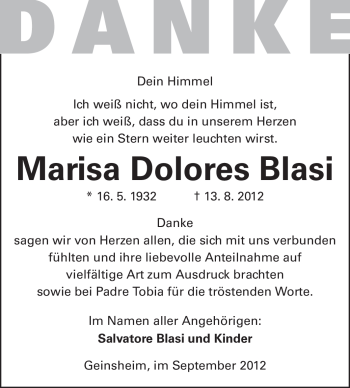Traueranzeige von Marisa Dolores Blasi von Rüsselsheimer Echo, Groß-Gerauer-Echo, Ried Echo