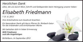Traueranzeige von Elisabeth Friedmann von Rüsselsheimer Echo, Groß-Gerauer-Echo, Ried Echo