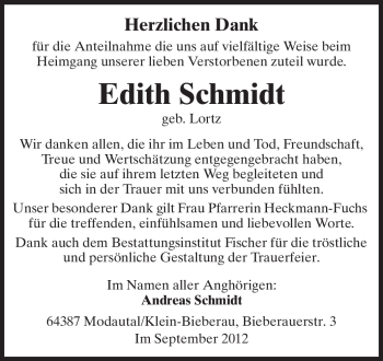 Traueranzeige von Edith Schmidt von Echo-Zeitungen (Gesamtausgabe)
