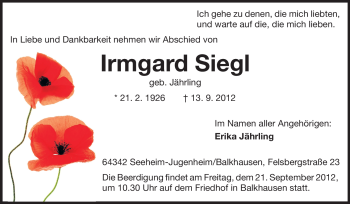 Traueranzeige von Irmgard Siegl von Echo-Zeitungen (Gesamtausgabe)