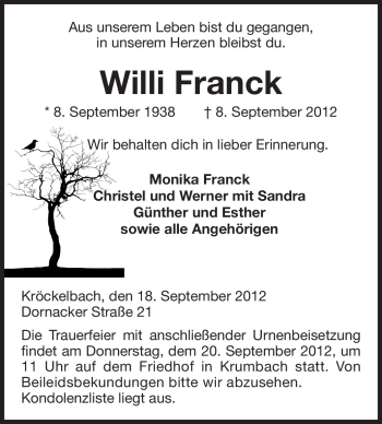 Traueranzeige von Willi Franck von Starkenburger Echo