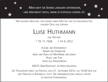 Traueranzeige von Luise Hutmann von Darmstädter Echo, Odenwälder Echo, Rüsselsheimer Echo, Groß-Gerauer-Echo, Ried Echo
