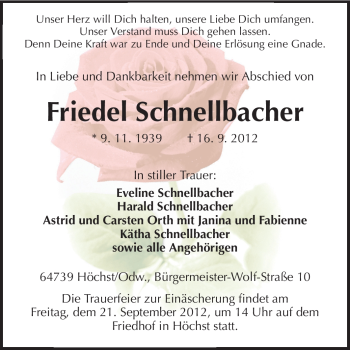 Traueranzeige von Friedel Schnellbacher von Odenwälder Echo