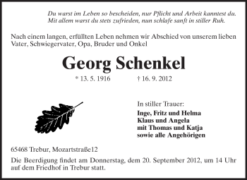 Traueranzeige von Georg Schenkel von Rüsselsheimer Echo, Groß-Gerauer-Echo, Ried Echo