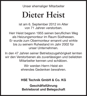 Traueranzeige von Dieter Heist von Echo-Zeitungen (Gesamtausgabe)