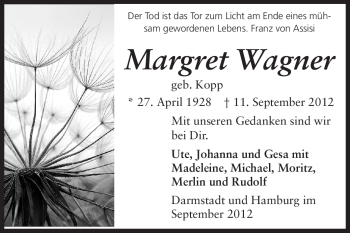 Traueranzeige von Margret Wagner von Echo-Zeitungen (Gesamtausgabe)